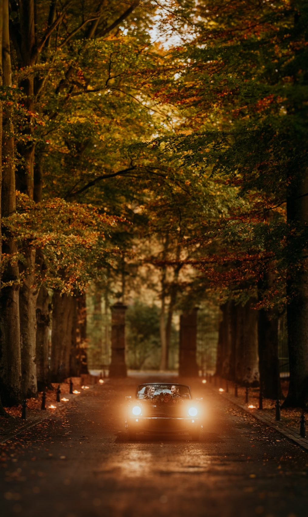 Le cabriolet dans l’allée à la tombée du jour
